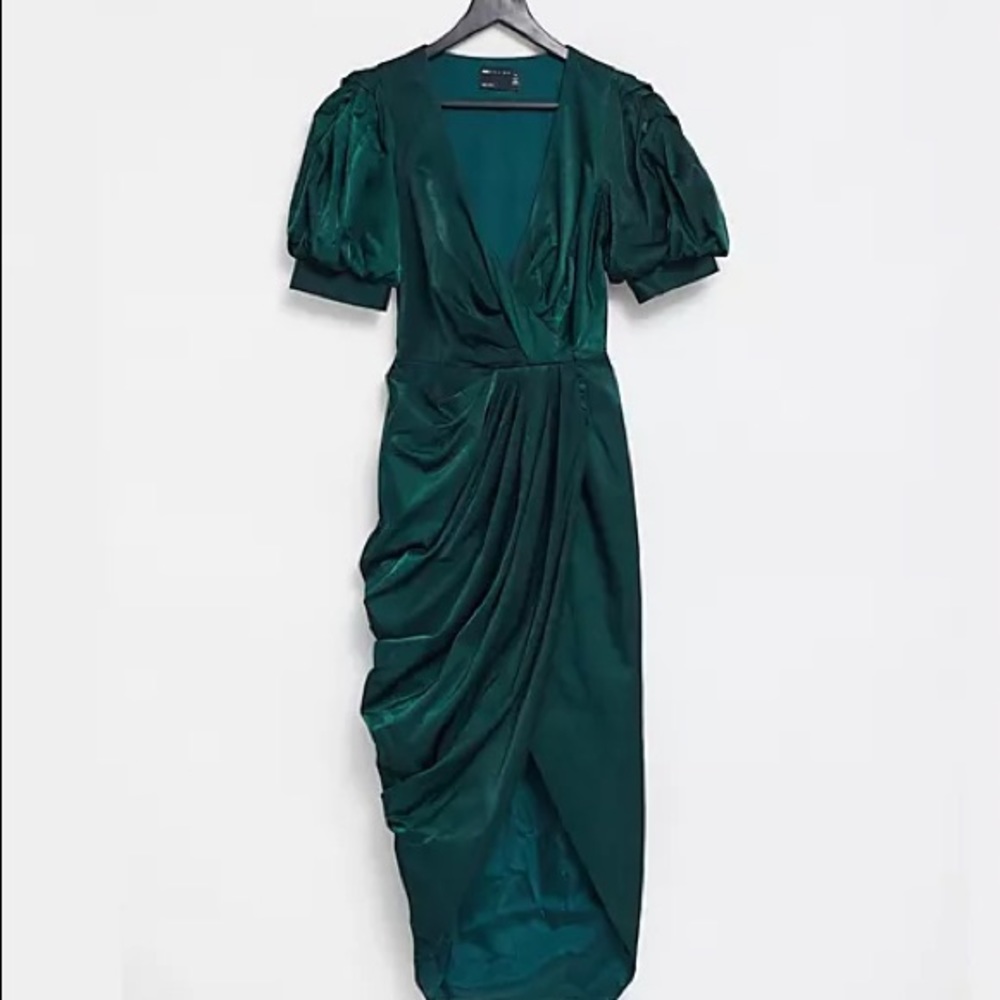 ASOS - Tall structured drape wrap midi dress with puff sleeve detail in green
